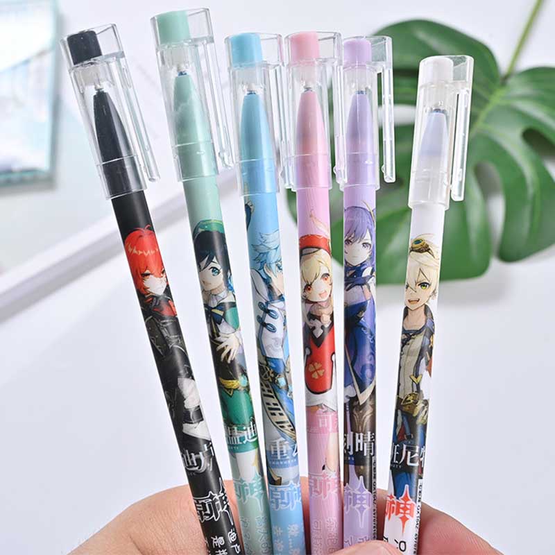 6 cái trò chơi Genshin Impact Bút xóa màu xanh đen Mực ma thuật Bút bi 0,5mm cho văn phòng trường học Cung cấp văn phòng