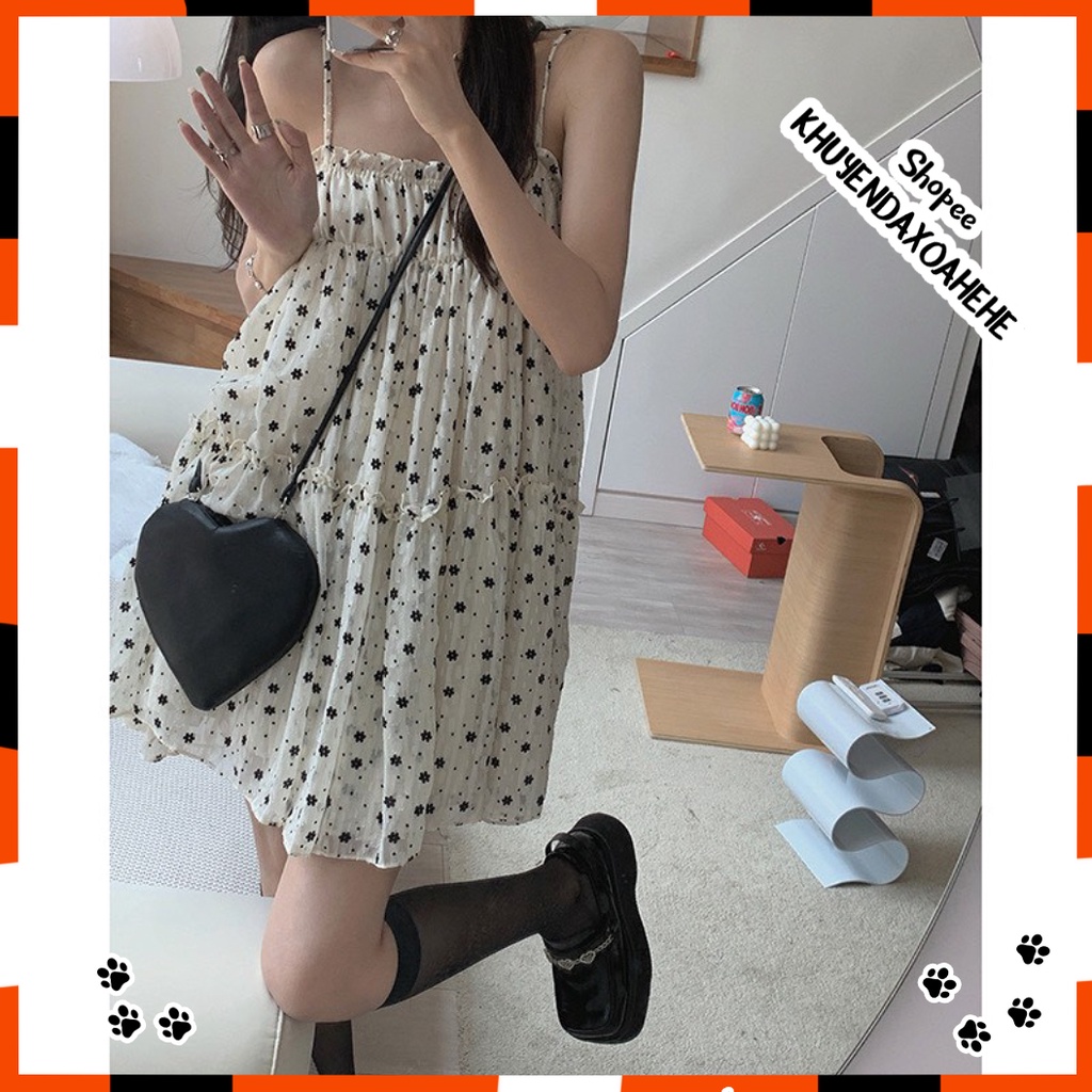 V003 Váy 2 dây Babydoll BBD trắng hoa nhí đen nhún ngực đáng yêu dáng lỡ đầm tiểu thư công chúa ulzzang nữ tính cute