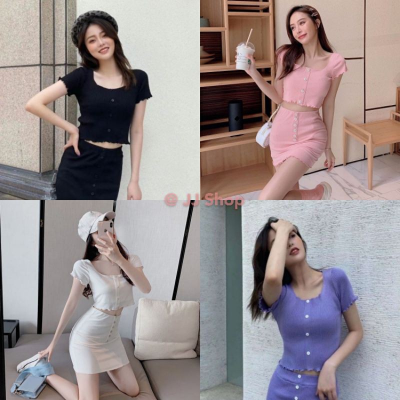JJ Shop Set Crop Top Với Viền Vỏ sò + Váy Cube Street Line Dễ Thương "83010" -N