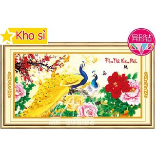Tranh đính đá cỡ nhỏ Phu thuê viên mãn, đôi công, mẫu đơn 77515 (84x45cm) [KHO SỈ] Tranh chất lượng cao