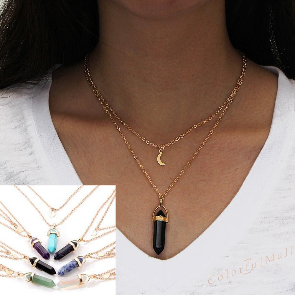 Multilayer Moon Hexagon Pendant Necklace Stone Women Clavicle Chain Jewelry