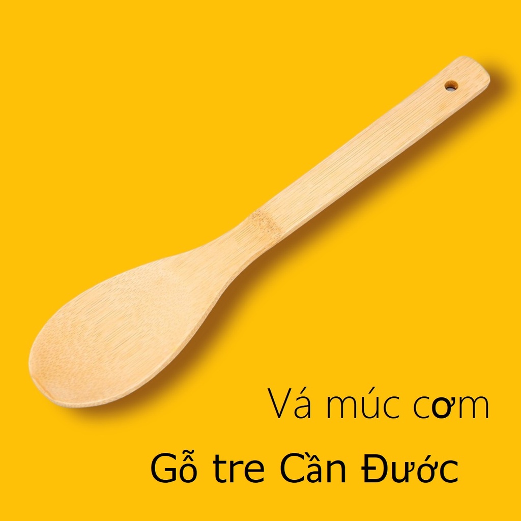 Vá cơm gỗ tre Cần Đước Long An không sơn tay cầm dài xới cơm nhanh chóng kích thước 30cm -Tonic Kalimba