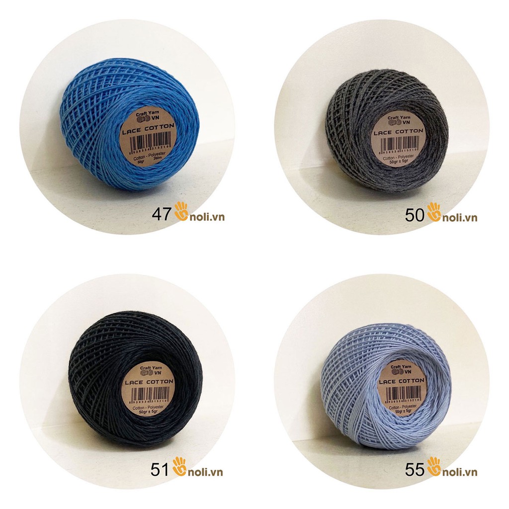 Hộp 6 cuộn lace cotton Craft yarn VN cùng màu móc váy áo cực mát, thấm hút mồ hôi, siêu nhẹ 50g (Màu 01 đến 94)