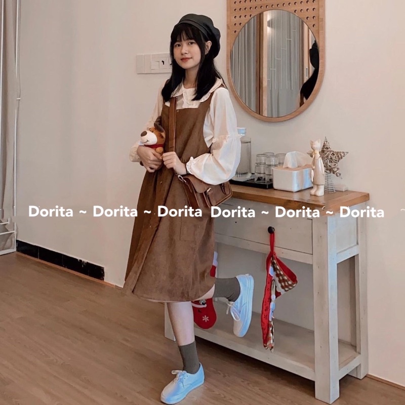 [Ảnh thật/Video] Set yếm nhung vintage dáng babydoll kèm áo cổ sen, Đầm yếm nhung Ulzzang - Dorita Boutique