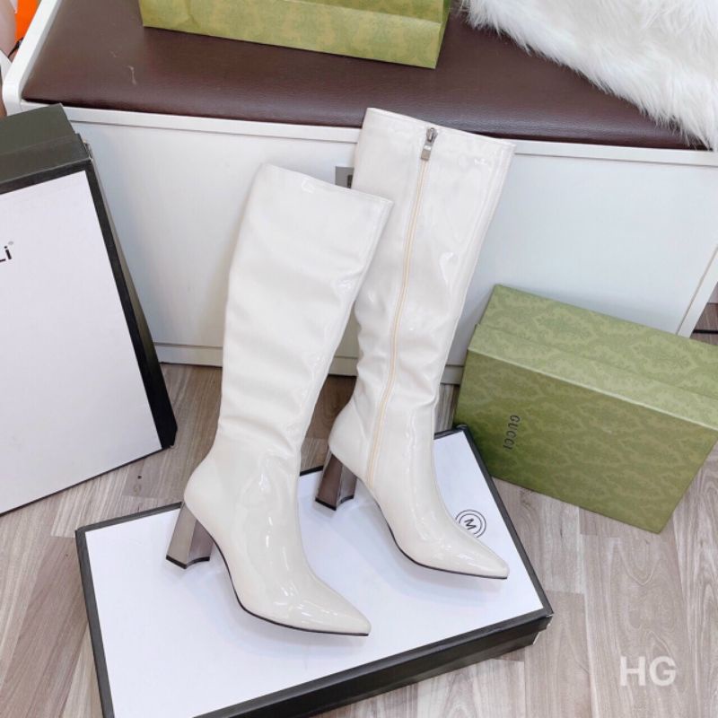 H(ẢNH THẬT) Boot Gót Gương Bạc 7p Mũi Nhọn Da Bóng Mềm Êm Fullbox Cao Cấp
