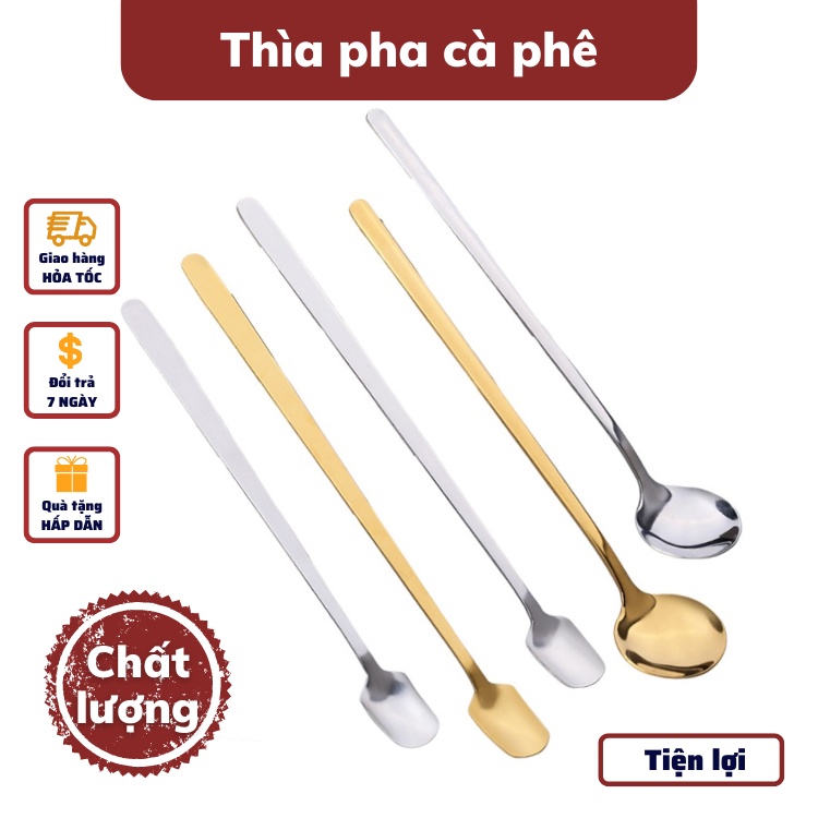 Thìa cà phê mạ vàng thìa pha trà inox 304 dụng cụ pha cafe cán dài kiểu dáng sang trọng độ dài 13 - 15 - 17cm
