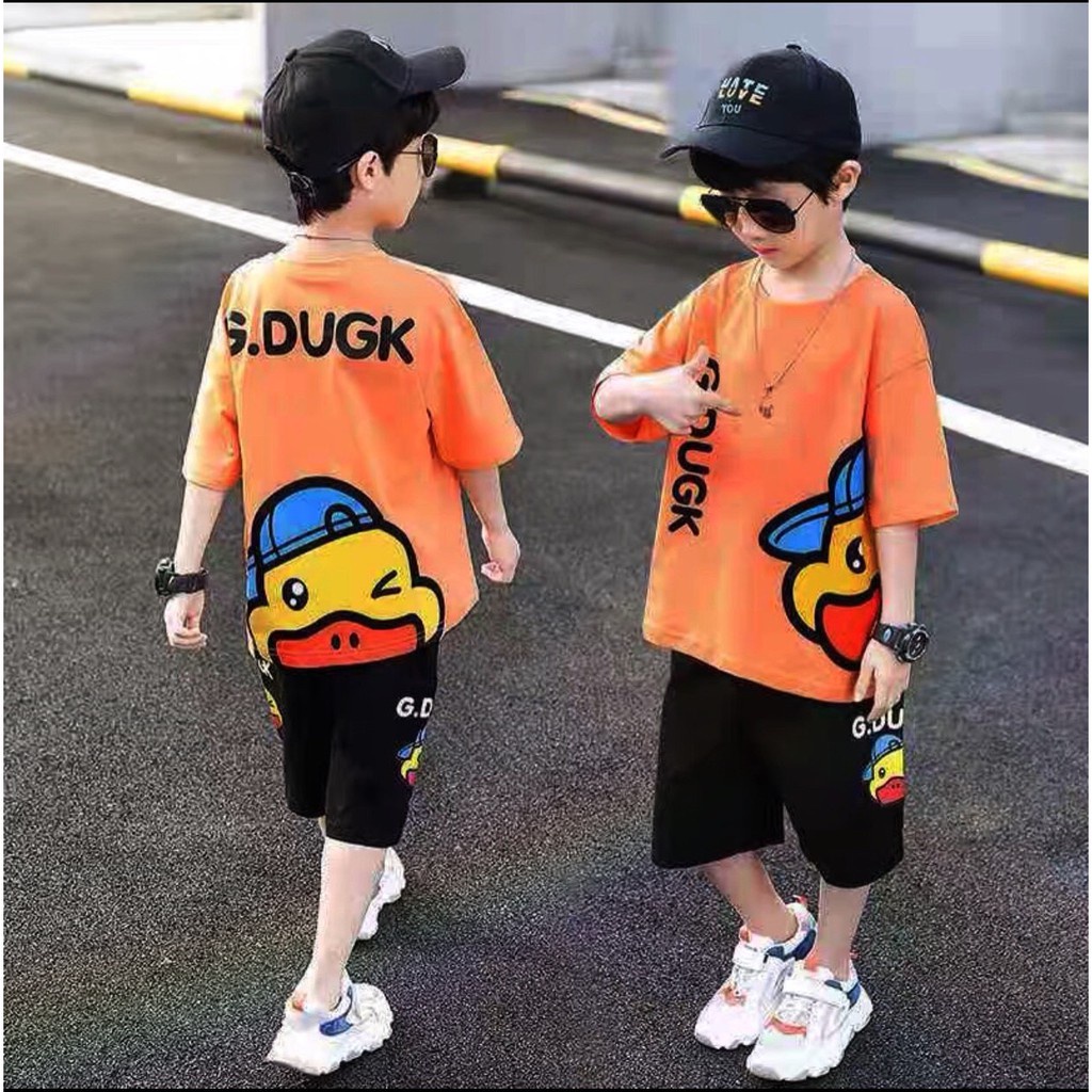 №Bộ bé trai Con Xinh cotton Chú Vịt nheo mắt G.DUCK, set quần áo trẻ em từ 5 đến 14 tuổi
