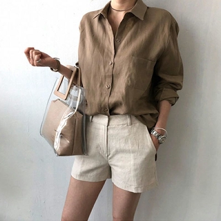 THEODORA White/Khaki turn-down collar long sleeve plain shirt Button down simple linen office lady blouse Sun protection breathable women tops