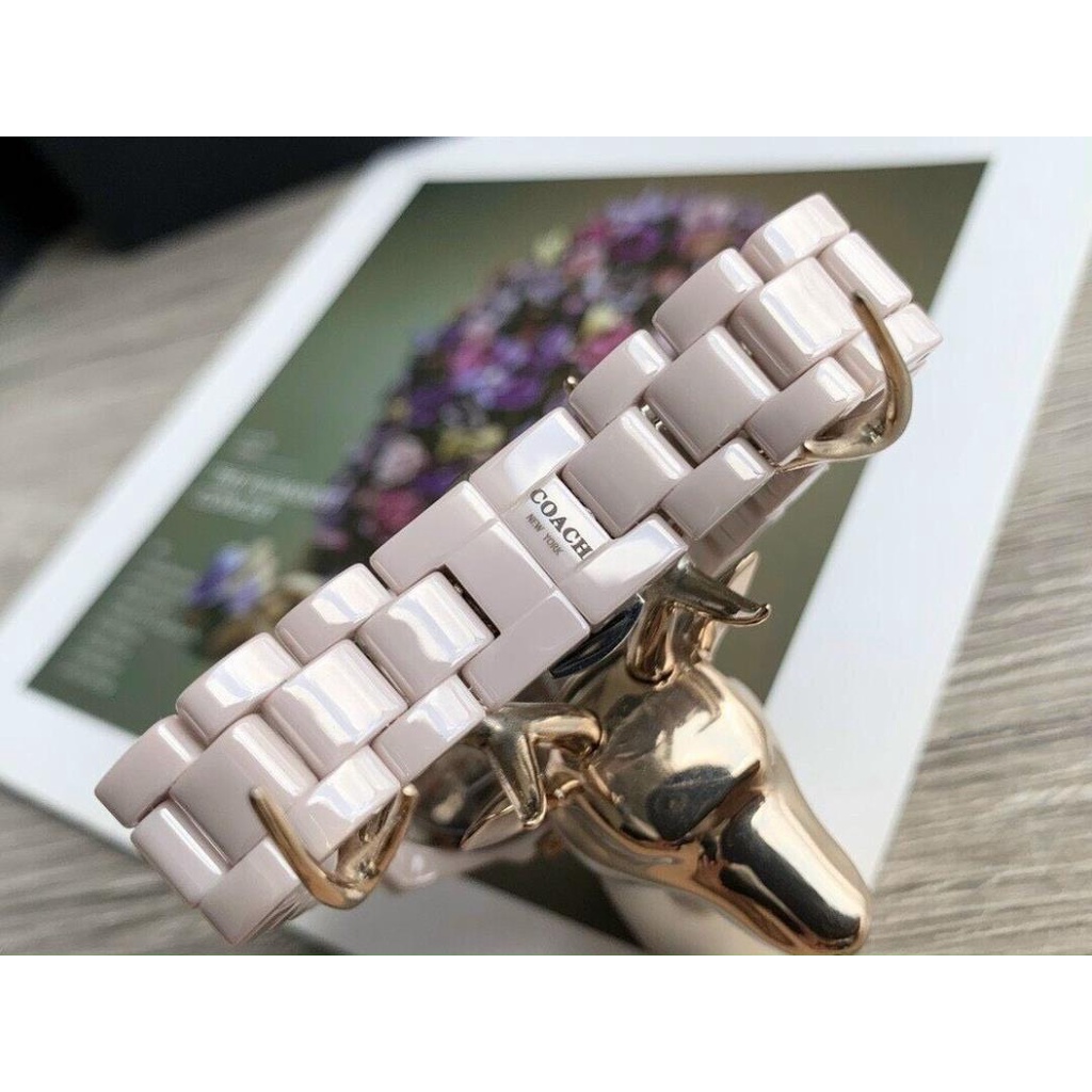 Đồng Hồ Nữ Coach Dây Đá Ceramic Hồng - Nền Hoa Văn Nổi - 32mm