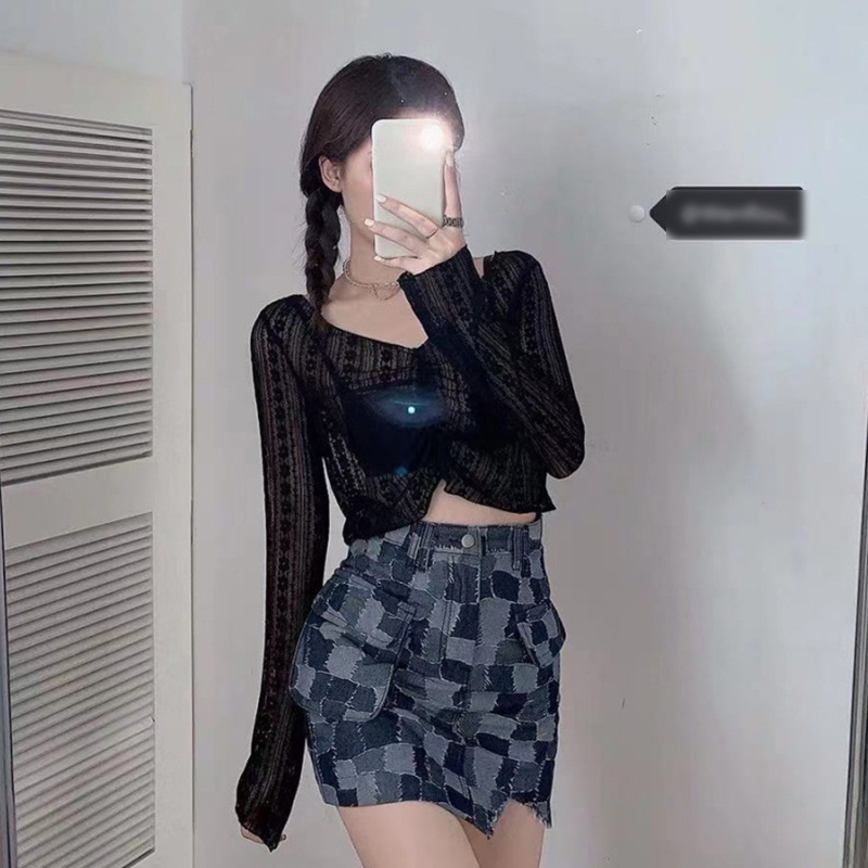 Áo Croptop Ren Tay Dài Phong Cách Pháp Thời Trang Đi Biển Mùa Hè Xinh Xắn