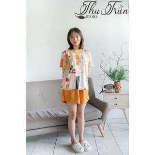 Bộ đồ ngủ lụa Pyjama đùi phối quần màu cam