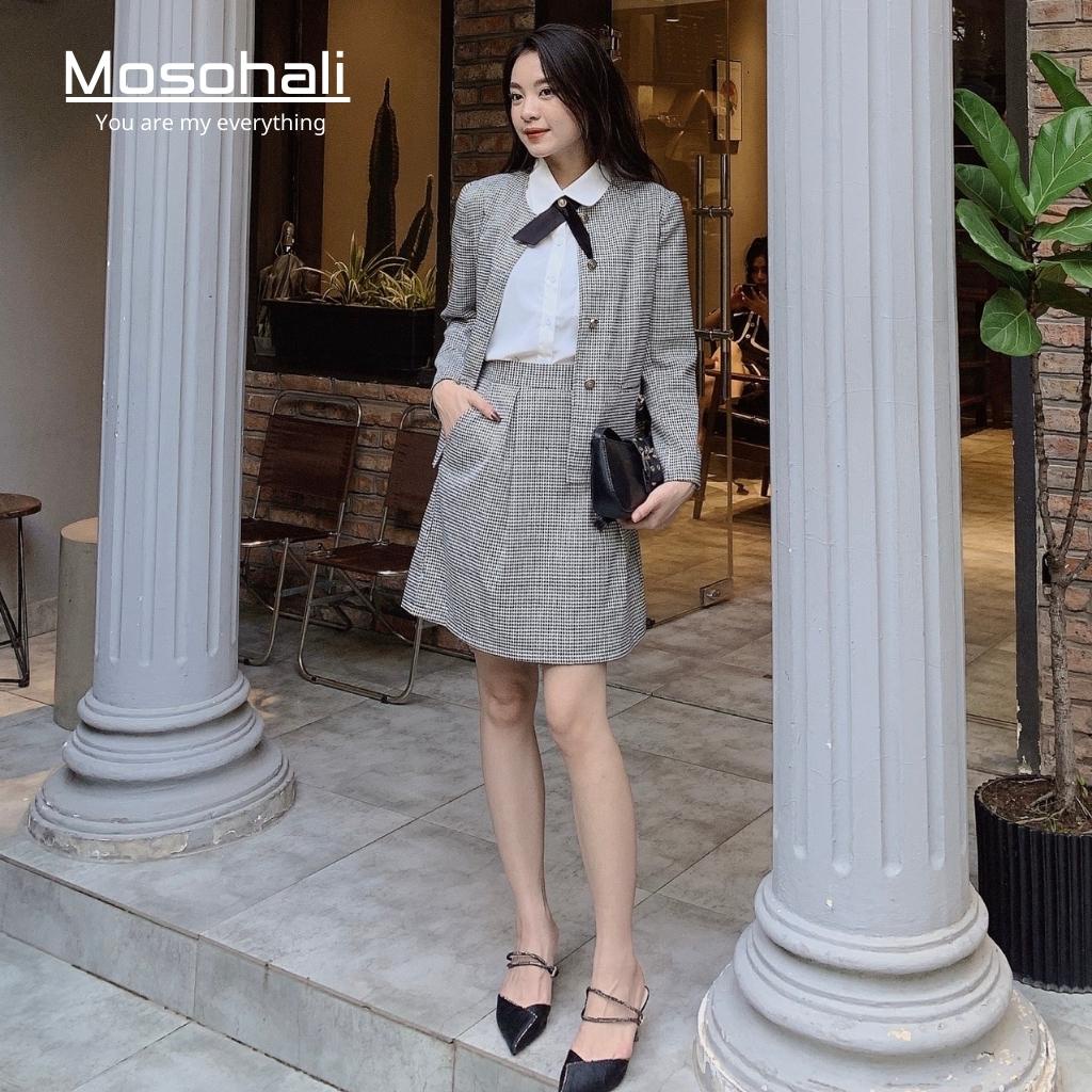 Set vest nữ Mosohali kẻ không cổ set blazer nữ Aya thời trang thiết kế công sở (áo blazer + chân váy) | BigBuy360 - bigbuy360.vn