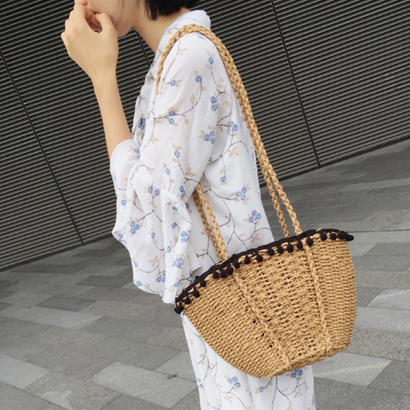 Túi cói xách tay có tua rua thời trang đi biển phong cách vintage Labonia