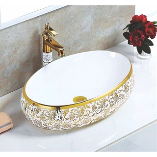 Chậu sứ men trắng, lavabo sứ trắng, chậu lavabo đặt bàn mạ vàng chính hãng EVEREST EVE-L6015