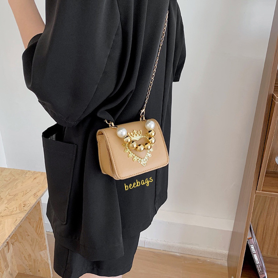 Túi Mini Dây Ngọc Cầm Tay Họa Tiết Trái Tim Vương Miện Sang Chảnh | TX42 | Túi Cầm Tay Kèm Dây Xích Màu Be, Trắng, Đen