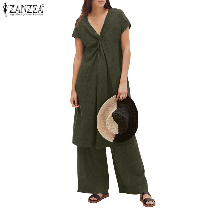 Set đồ 2 món ZANZEA áo tay ngắn cổ chữ V màu trơn thời trang dành cho nữ