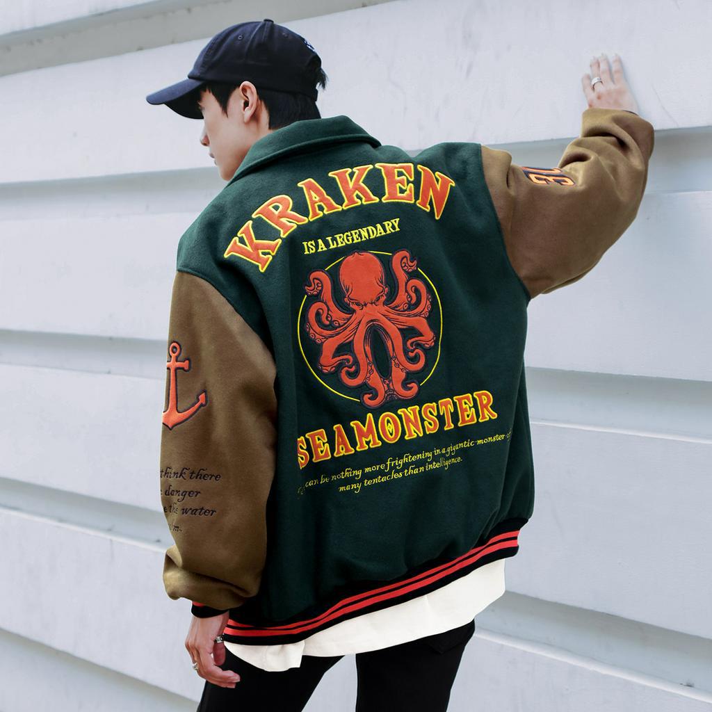 Áo Khoác Varsity Jacket Chất Liệu Dạ Dày Dặn Cổ Bẻ Form Rộng Thoải Mái Unisex Hình Thêu Sắc Nét Nâu Xanh