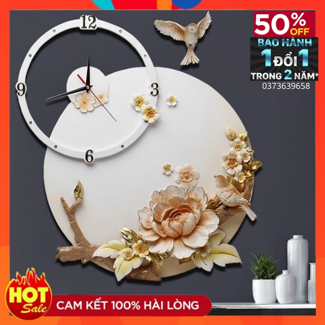 Đồng Hồ Treo Tường Trang Trí- Chất Liệu Gốm - Họa Tiết Hoa Và Bướm -Decor Tường Mã 22- Đổi Mới 24 Tháng -Kt 70*50cm