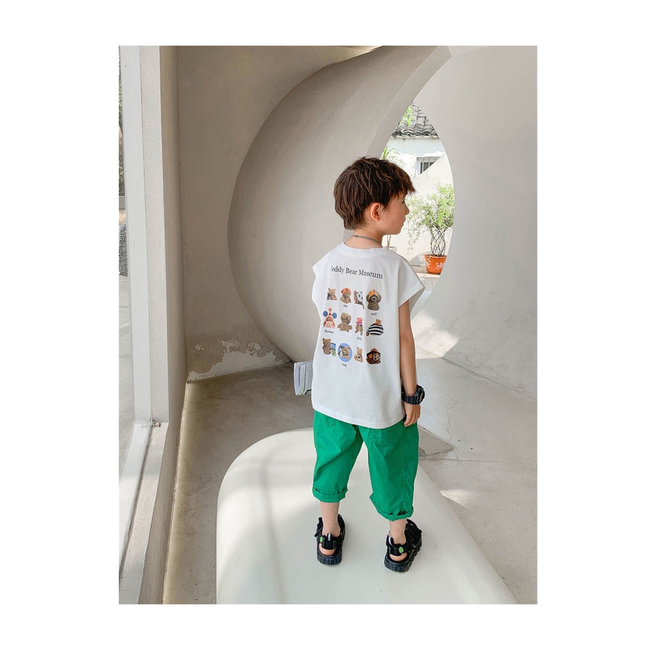 Áo Thun Cotton Sát Nách Dáng Rộng Thoáng Khí In Họa Tiết Chú Gấu Dễ Thương Thời Trang Cho Bé Trai