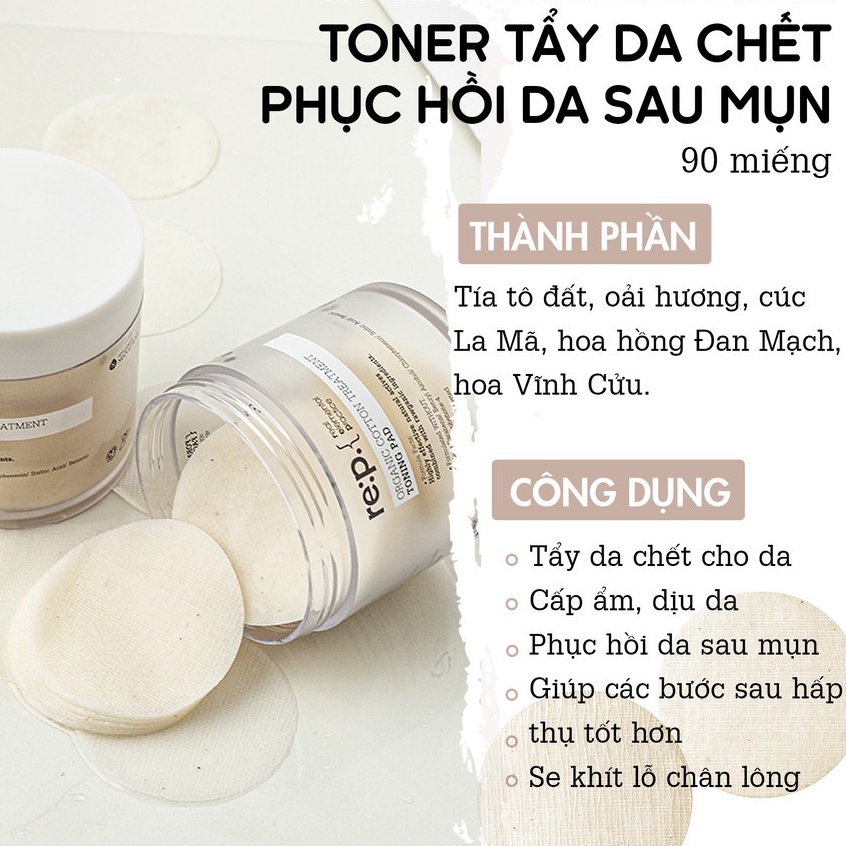 Toner Pad REP dạng miếng Tẩy Da Chết Dưỡng Ẩm, Dịu Nhẹ RE:P Organic Cotton Treatment Toning Pad 90 Pads -130g