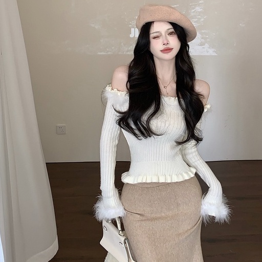 Áo Sweater Dệt Kim Tay Dài Dáng Ôm Co Giãn Phối Lông Vũ Phong Cách Hàn Quốc Thời Trang Quyến Rũ Cho Nữ