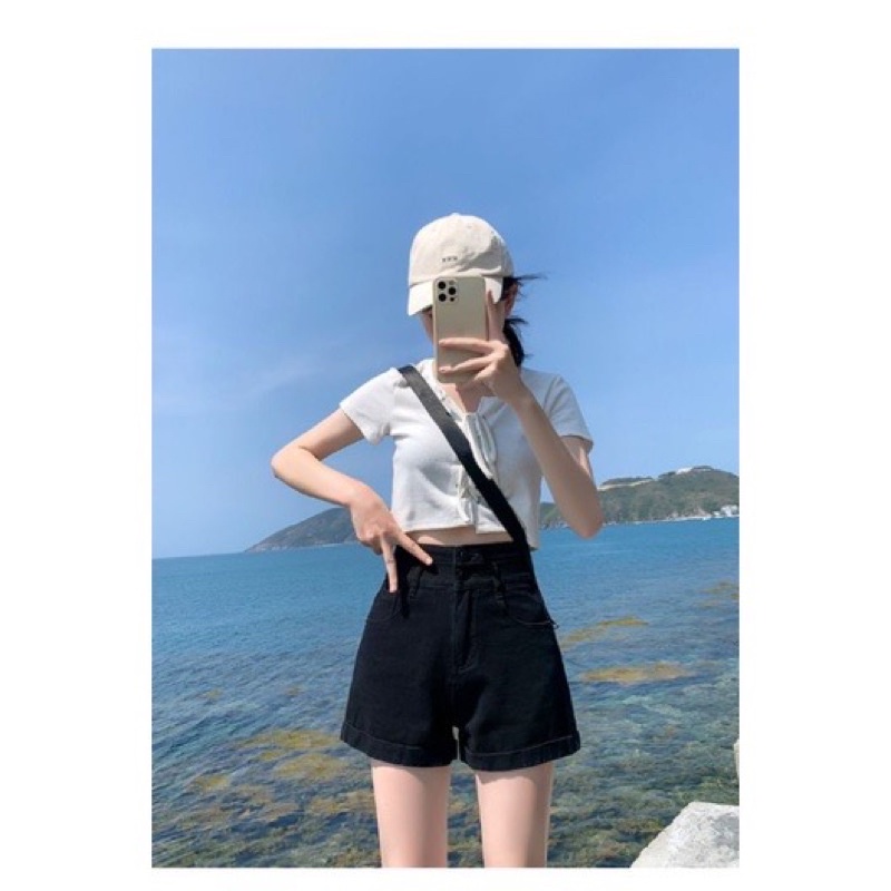 Quần Short Jean Cạp Cao Gập Gấu Cá Tính_Q1