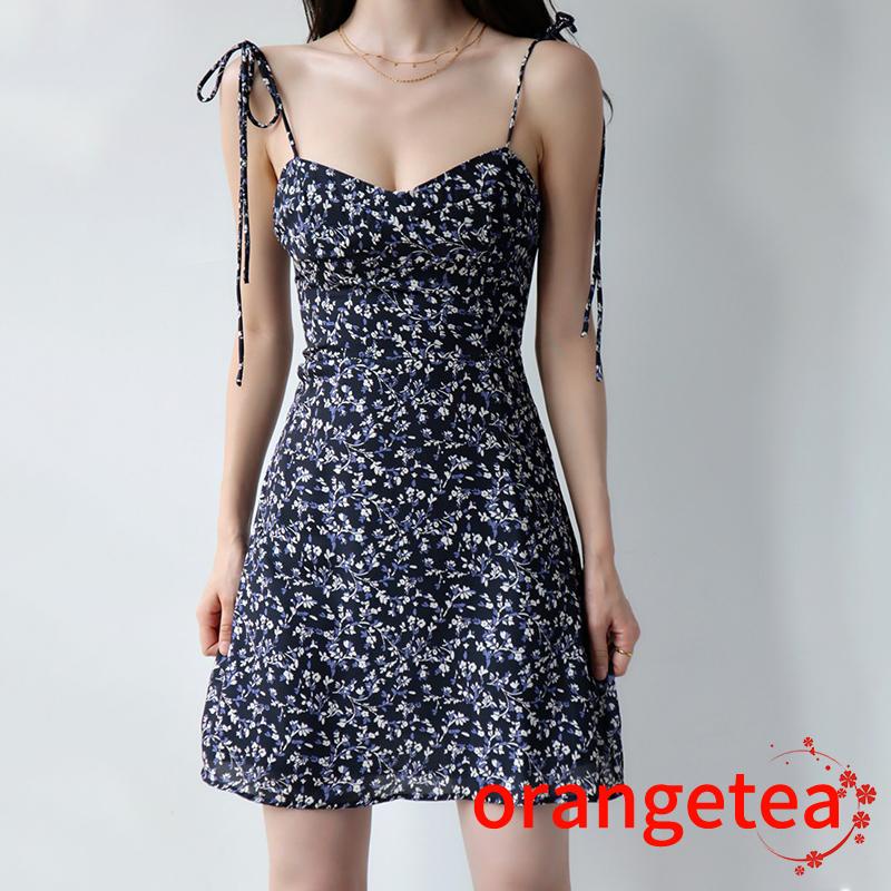 ORT-Women Backless Floral Print V-neck Slim-fit Tie-up Dress