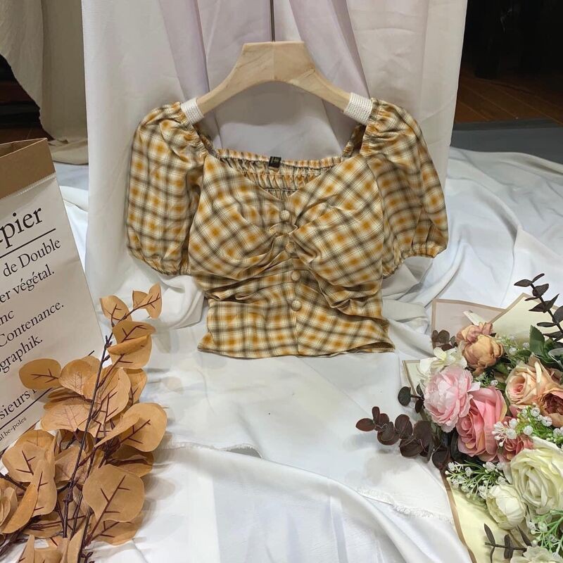 Áo kẻ tay bồng khuy nhún ngực nhiều màu sắc