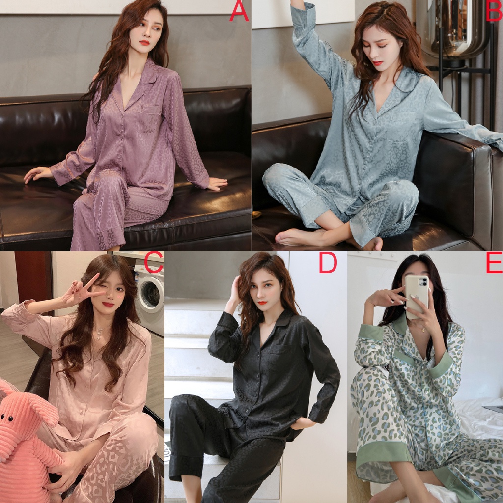 Bộ Đồ Ngủ Tay Dài Bằng Lụa Satin In Họa Tiết Da Báo Thời Trang Hàn Quốc Dành Cho Bạn Nữ