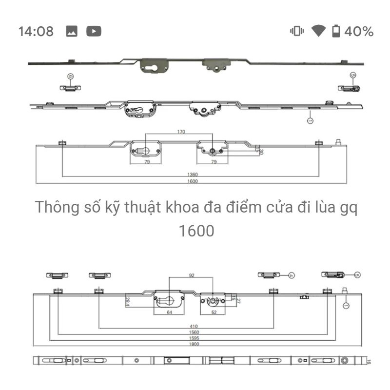 Bộ khóa cửa nhựa lõi thép uPVC đa điểm 1600 và 1800 cho cửa đi lùa