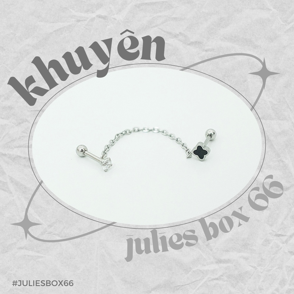 Khuyên Tai 2 Lỗ Xỏ 1 Đá Tròn 1 Cỏ May Mắn Dây Nối Titan Không Gỉ Sét Không Ngứa Không Đen Julies Box