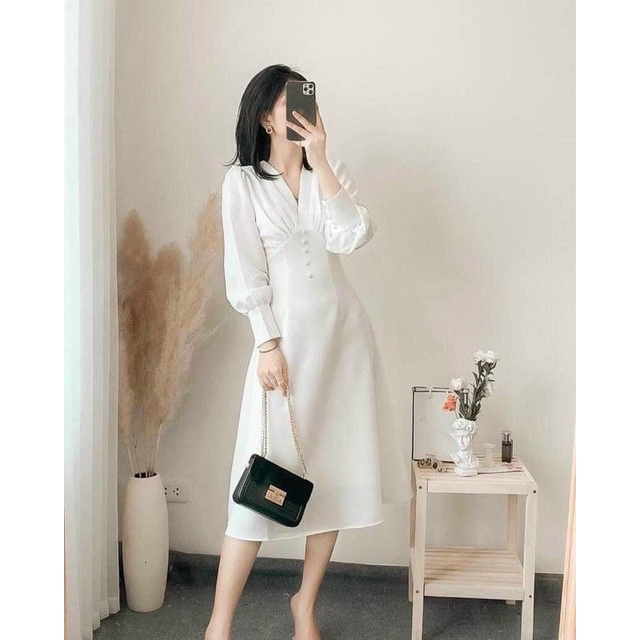 Đầm WAYO thiết kế công sở dạo phố màu trắng tay dài phối nút cực xinh