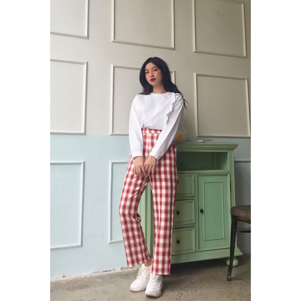 Quần baggy nữ vải đũi ống suông cạp chun kẻ caro công sở QAW0413 - 92Wear | BigBuy360 - bigbuy360.vn