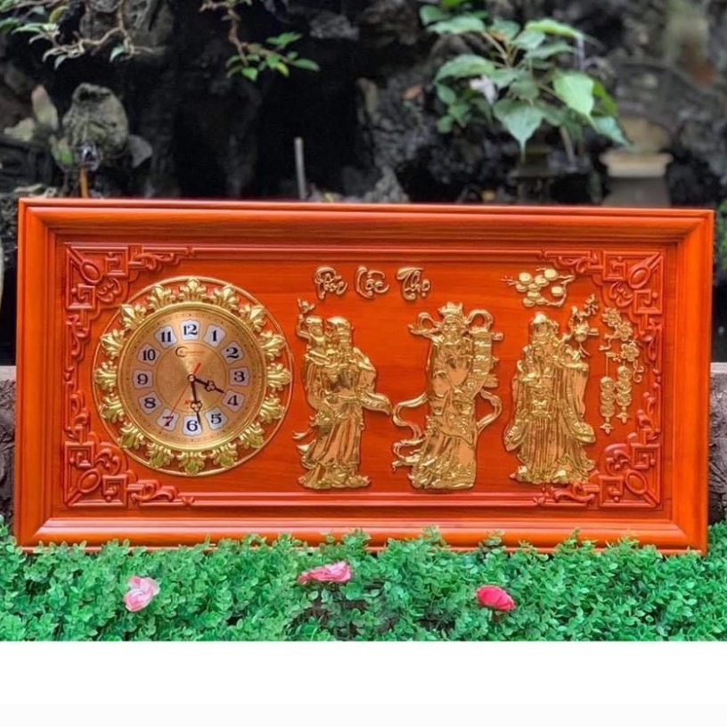Tranh đồng hồ treo tường chữ phúc lộc thọ 81x41 gỗ hương đỏ rát vàng giá rẻ