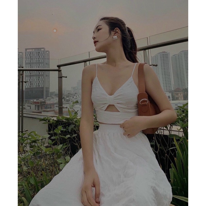 SET ÁO 2S KHOÉT NGỰC CHÂN VÁY MIDI TRẮNG🖤