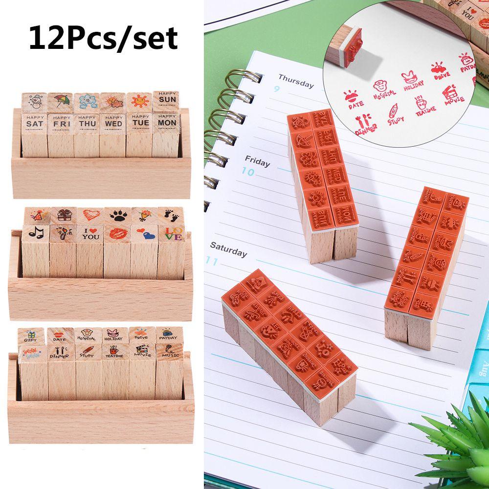 Set 12 Con Dấu Gỗ Nhiều Họa Tiết Dễ Thương Trang Trí Sổ Tay