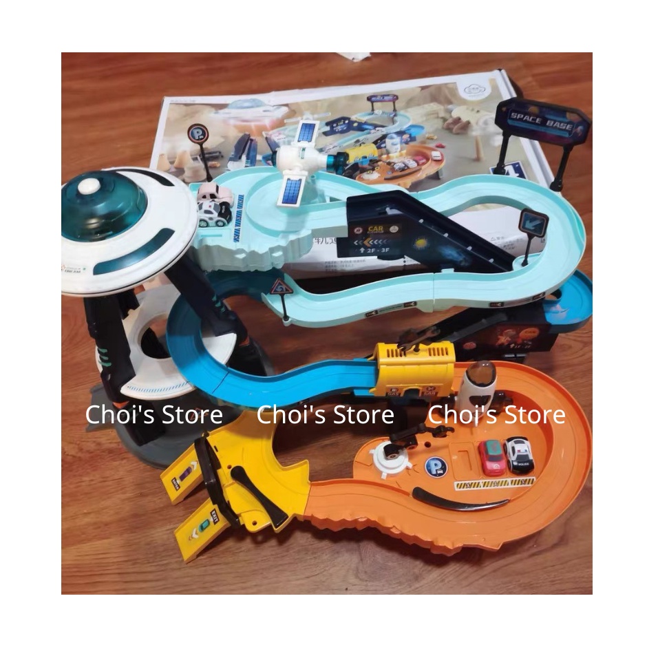 (kèm 4 xe nhỏ) Đường đua ô tô trạm du hành vũ trụ, đồ chơi bãi đậu xe gara ô tô có thang máy tự động