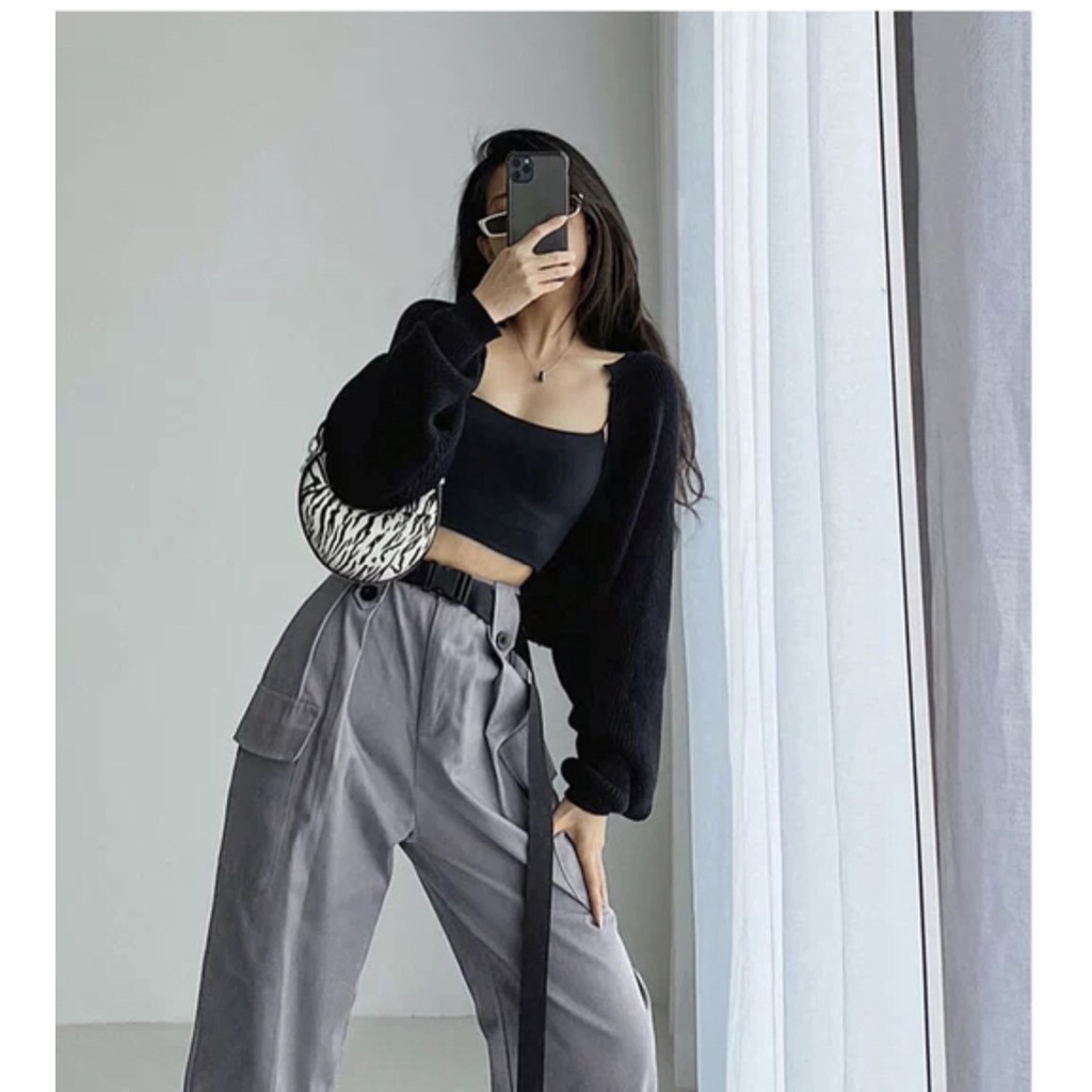 SA002 Bộ áo khoác cardigan mỏng, tay bo phồng và áo hai dây croptop ôm body sexy phong cách bánh bèo tiểu thư cute