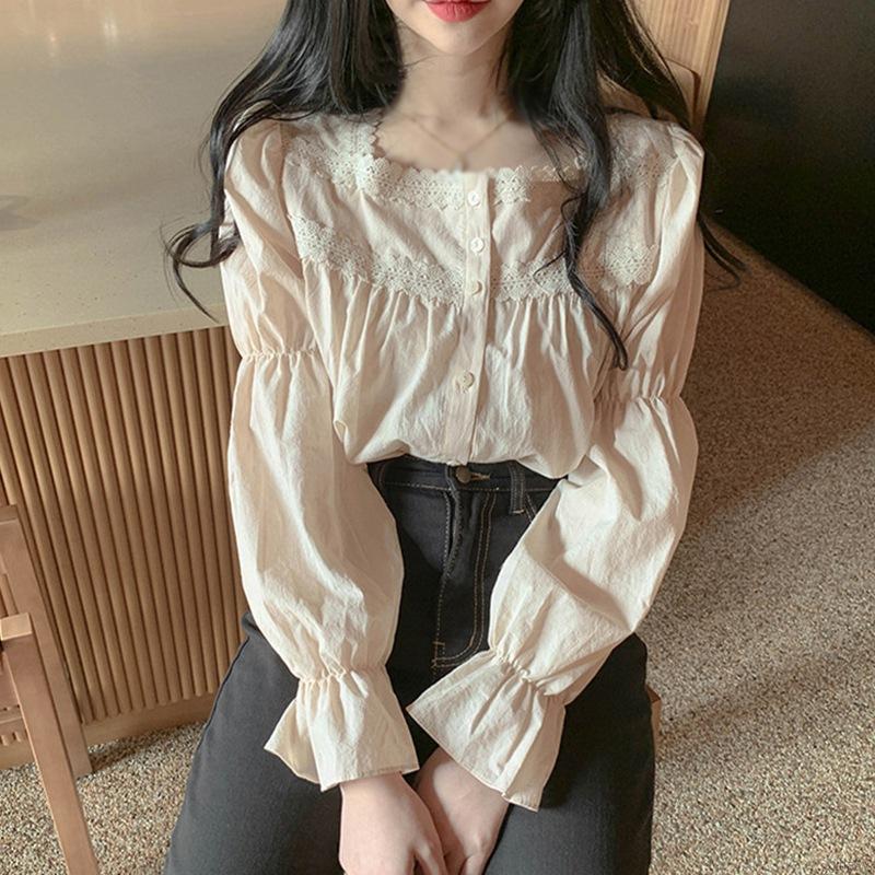 Áo Kiểu Tay Dài Cổ Vuông Phối Ren Phong Cách Retro Hàn Quốc Dành Cho Nữ | BigBuy360 - bigbuy360.vn