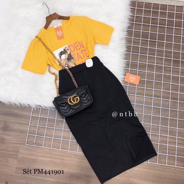 Set áo thun vàng + Chân Váy body đen