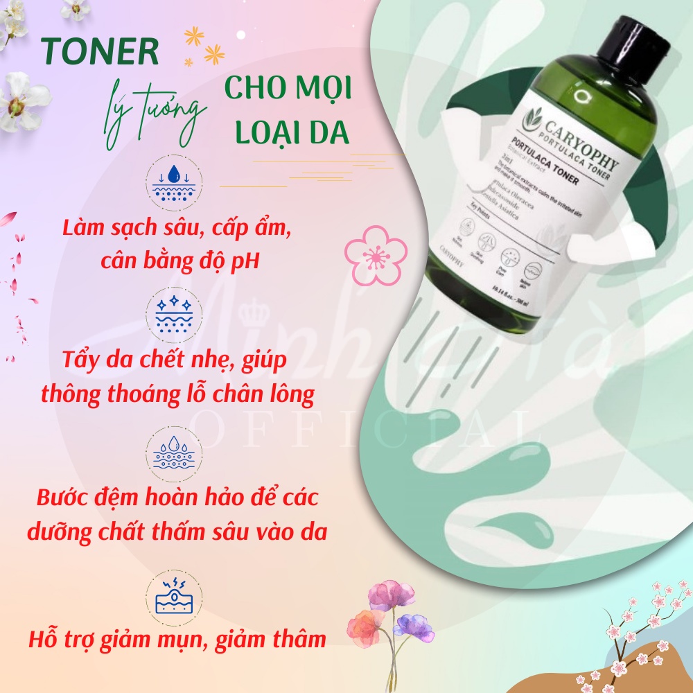 Toner Caryophy Portulaca 300ml không cồn giúp làm dịu da phù hợp cho da dầu mụn