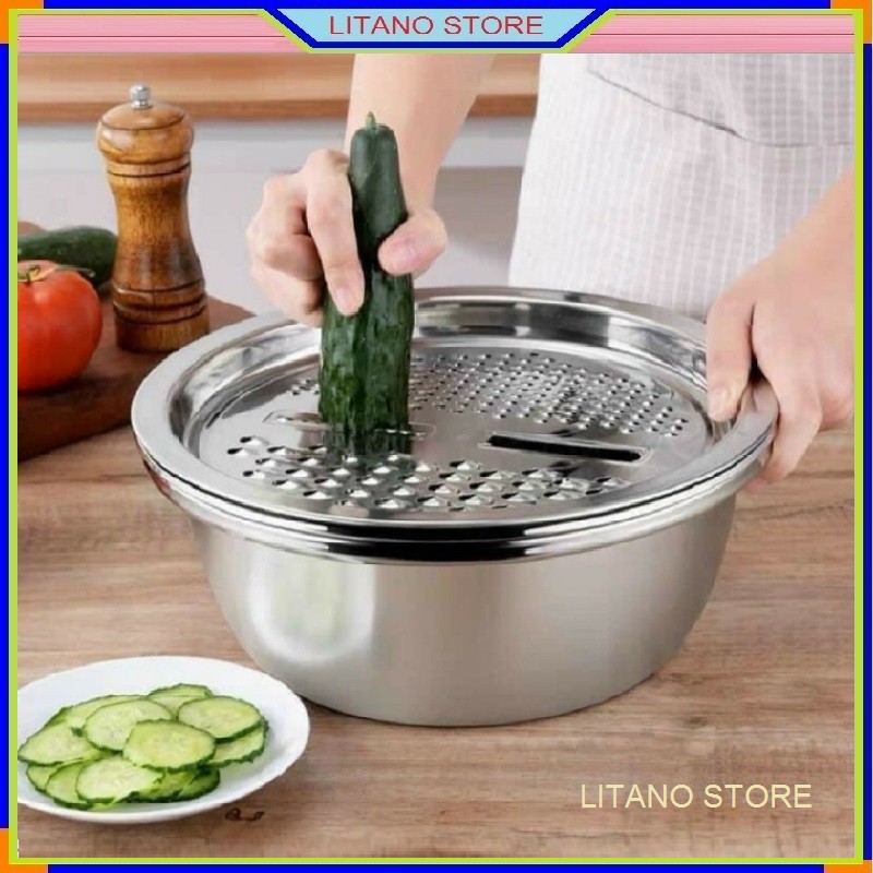 Rổ Nạo Củ Quả Đa Năng 3 trong 1 Chất Liệu Inox Có Thể Nạo Gọt Bào Sợi