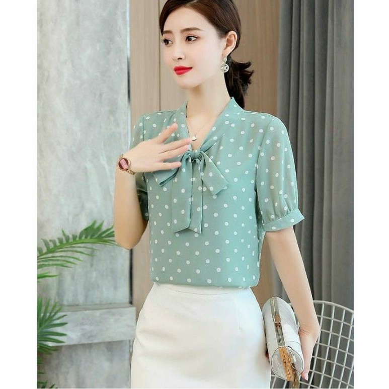 Áo sơ mi nữ tay ngắn chấm bi, áo kiểu công sở nữ nơ cổ - HNG