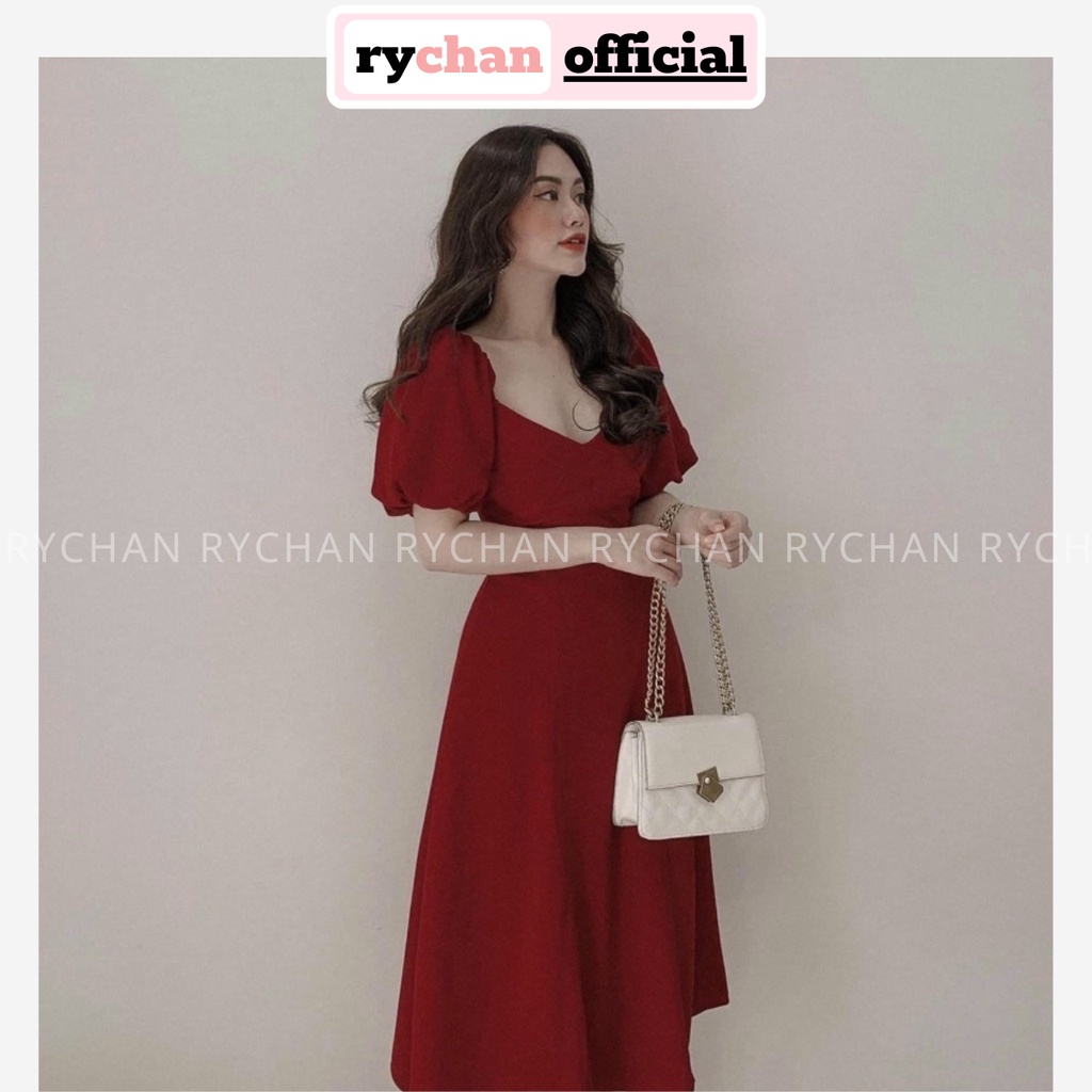 Đầm Đỏ Dự Tiệc Nữ Dáng Dài Cổ Tim Tay Phồng Bo Eo Cực Tôn Da [ẢNH THẬT CUỐI] - DX9742