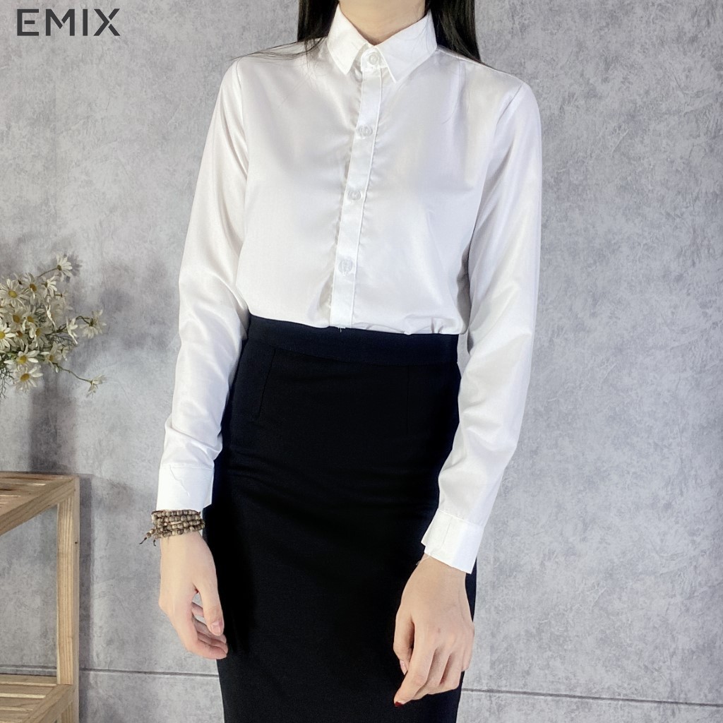Áo sơ mi nữ công sở EMIX (màu trắng), dài tay, form rộng, cổ sơ mi, chất lụa thô mềm mịn, không nhăn, không lộ a65