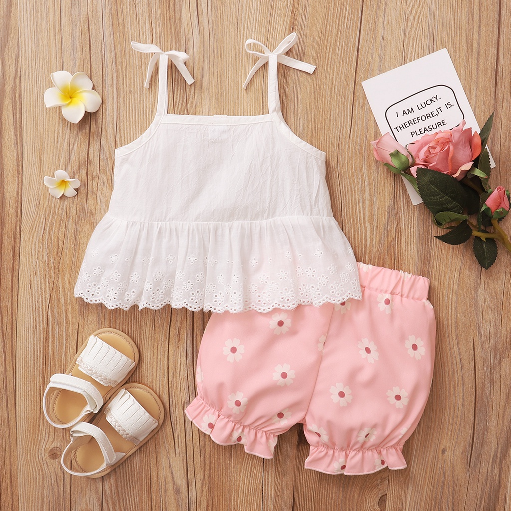 Set đồ 2 món Mikrdoo áo hai dây phối ren + quần ngắn xinh xắn cho bé gái