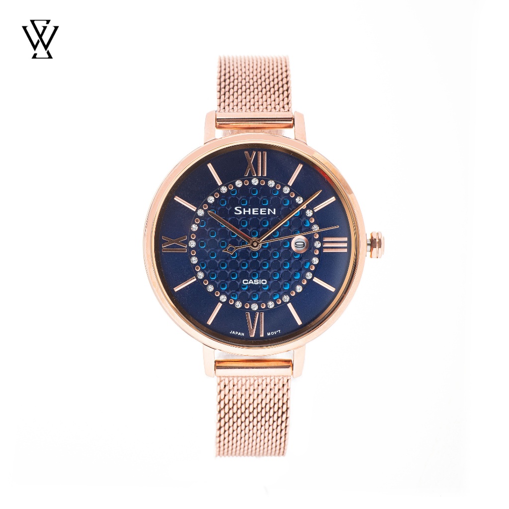 Đồng Hồ Quartz Nữ Casio Sheen WATCHSTORE SHE-4059PGM-2AUDF Thiết Kế Mặt Kính Khoáng 34mm, Dây Kim Loại, Vỏ Thép Không Gỉ