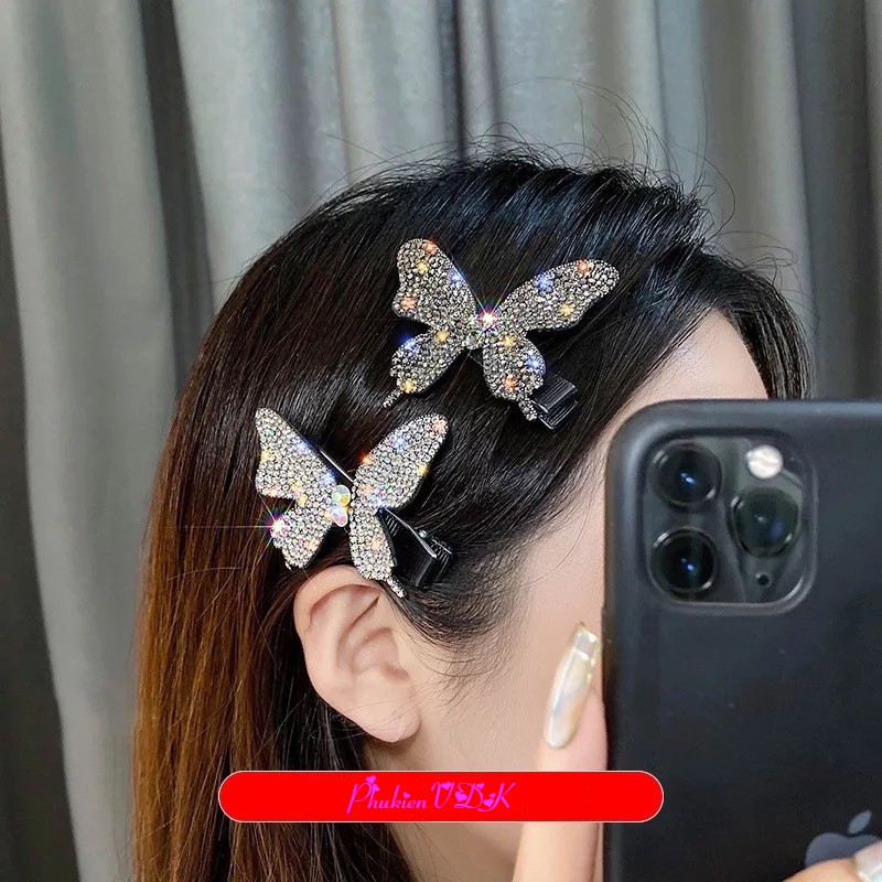Kẹp tóc mái bươm bướm đính đá nhiều màu lấp lánh