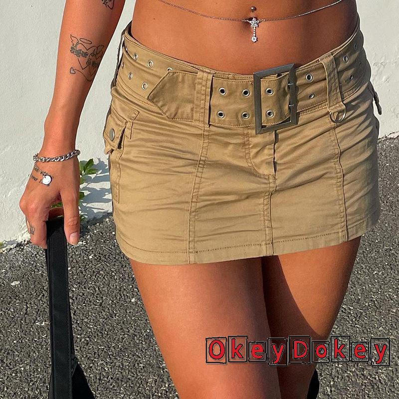 OKDK-Chân Váy Jean Cạp Thấp Phối Túi Màu Trơn Đơn Giản Gợi Cảm Cho Nữ