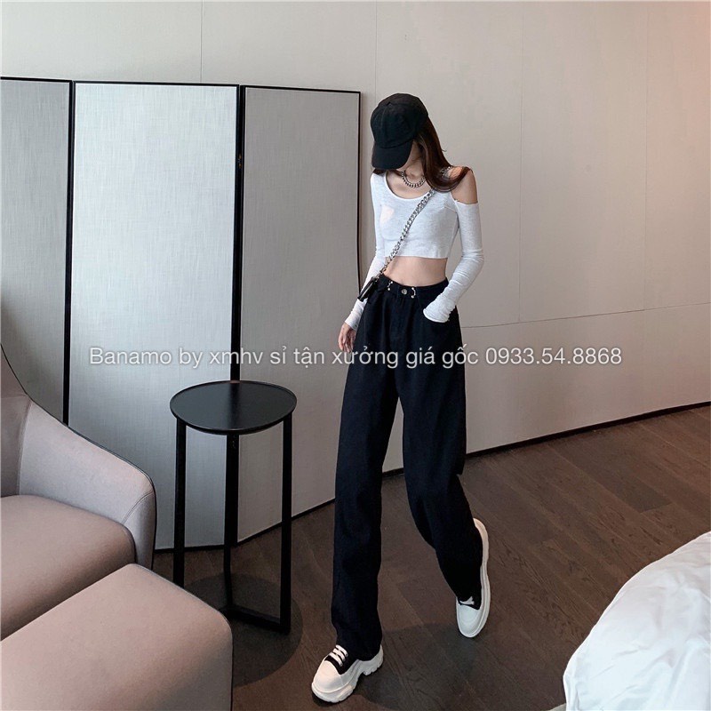 Quần jean nữ phối khuy gài eo cạp cao phong cách Ulzzang Hàn Quốc thời trang Banamo Fashion quần jean nữ cài eo 969